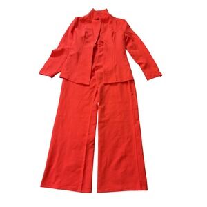 Vibrant Orange 2‎ Piece Pant Suit Set Blazer Tie Front Wide Leg Trousers Red L
